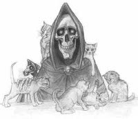 [Zeichnung: Tod mit Kätzchen und Rattentod]