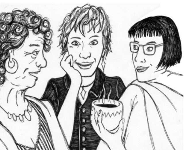 Zeichnung von drei Frauen; eine hält eine Kaffeetasse
