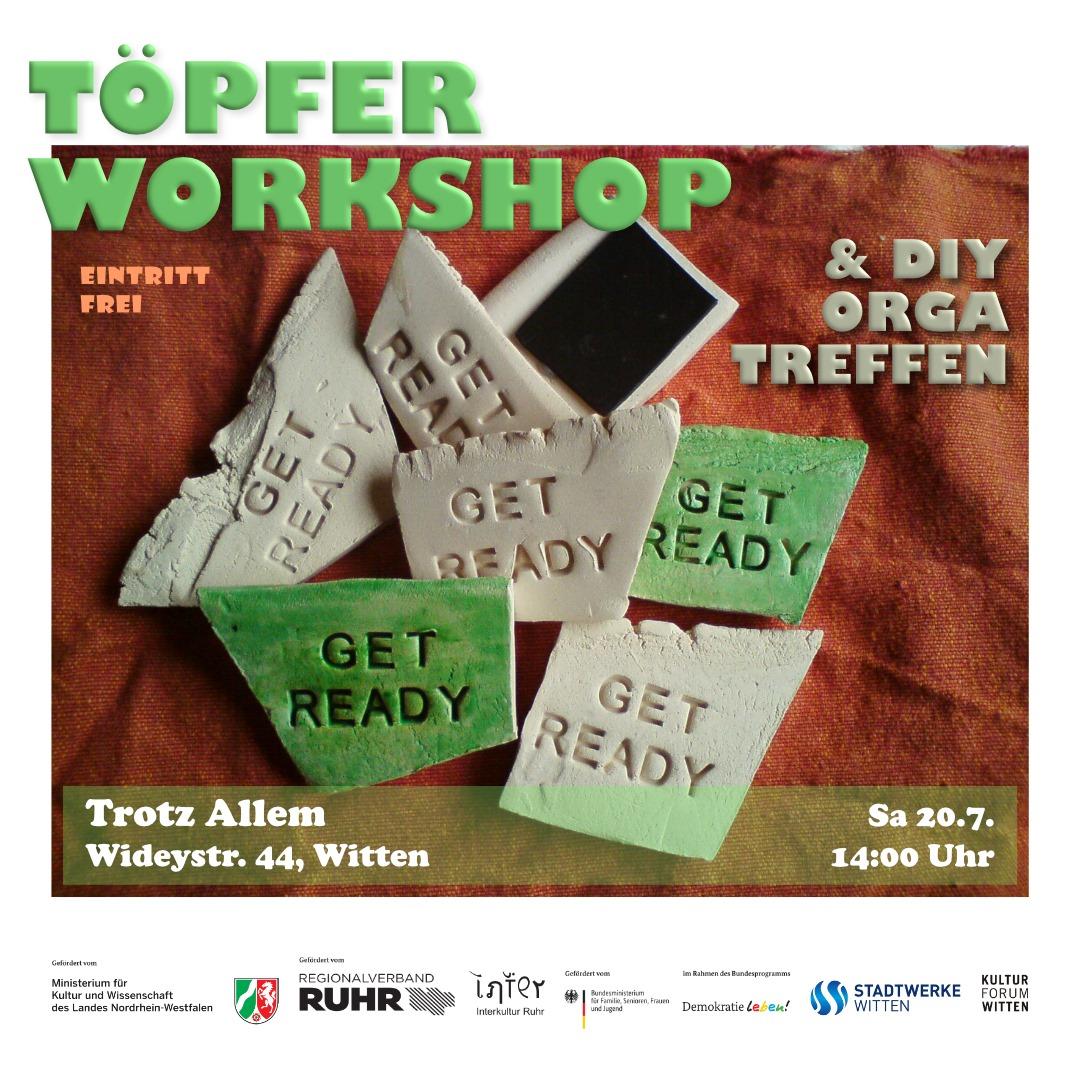 Töpfer-Workshop & DIY-Orgatreffen, Eintritt frei, Trotz Allem, Wideystraße 44, Samstag, 20. Juli 2024, 14:00 Uhr; zur Illustration sind tönerne Kühlschrankmagnete mit der aufgedruckten Inschrift „Get ready“ abgebildet