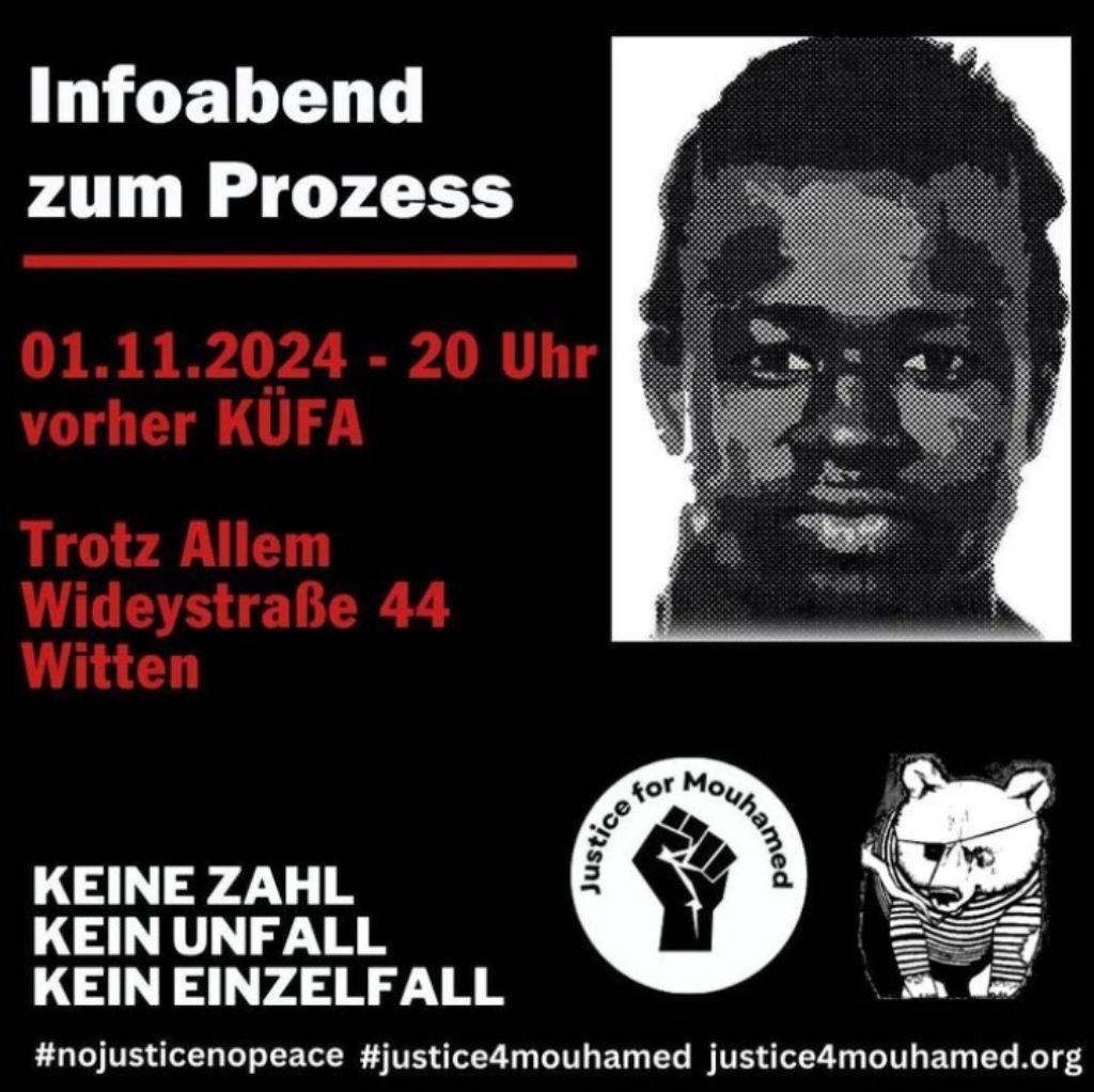 Infoabend zum Prozess: 1. November 2024, 20:00 Uhr, vorher Küfa, Trotz Allem, Wideystraße 44, Witten; keine Zahl, kein Unfall, kein Einzelfall